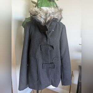 Zara Black Pea Coat with Faux Fur Trim